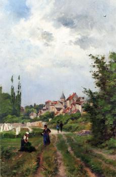 亨利 約瑟夫 哈爾皮涅斯 Washer Women On A Study Track With A Village Beyond 亨利 約瑟夫 哈爾皮涅斯 Washer Women On A Study Track With A Village Beyond